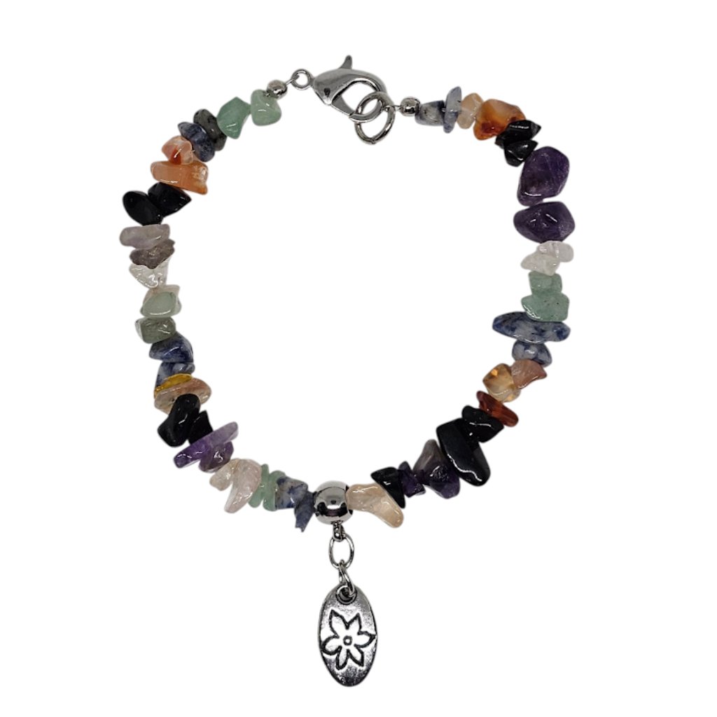 Handmade Mixed Gemstone Chip Bracelet Silver Tone Flower Charm Boho Style
